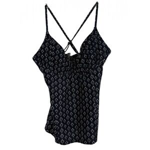 Athleta Tankini Top Size 36 D/DD Underwire Navy Blue White Geo Print back cutout